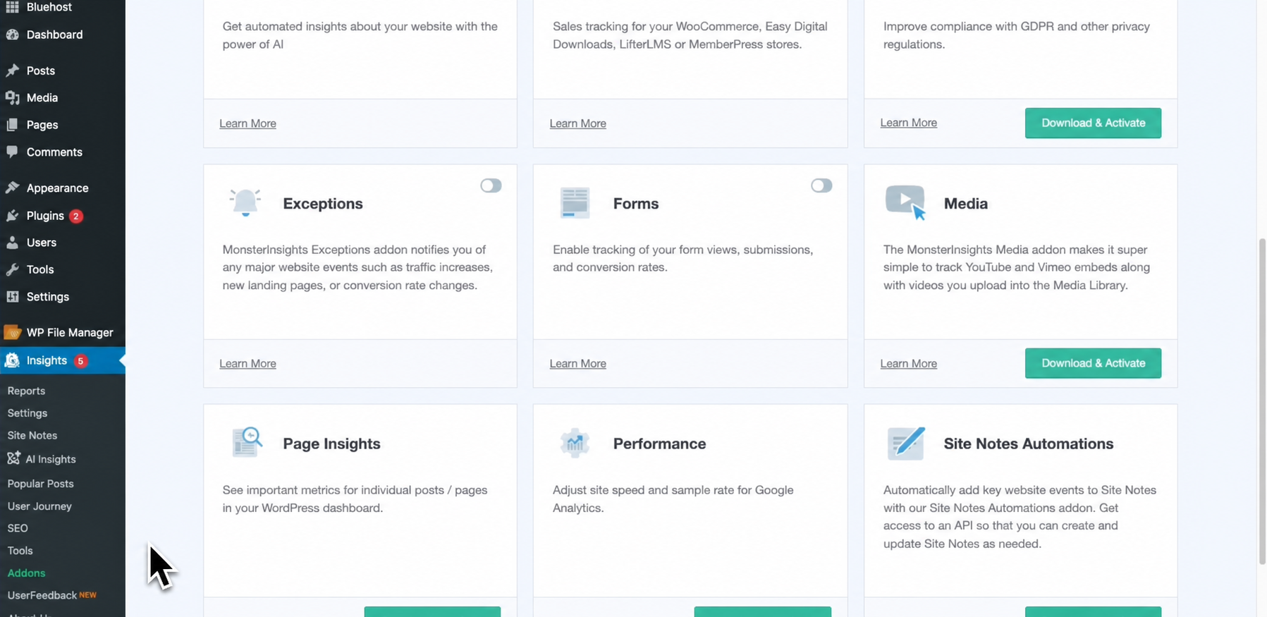 The Forms addon in the MonsterInsights Addons list