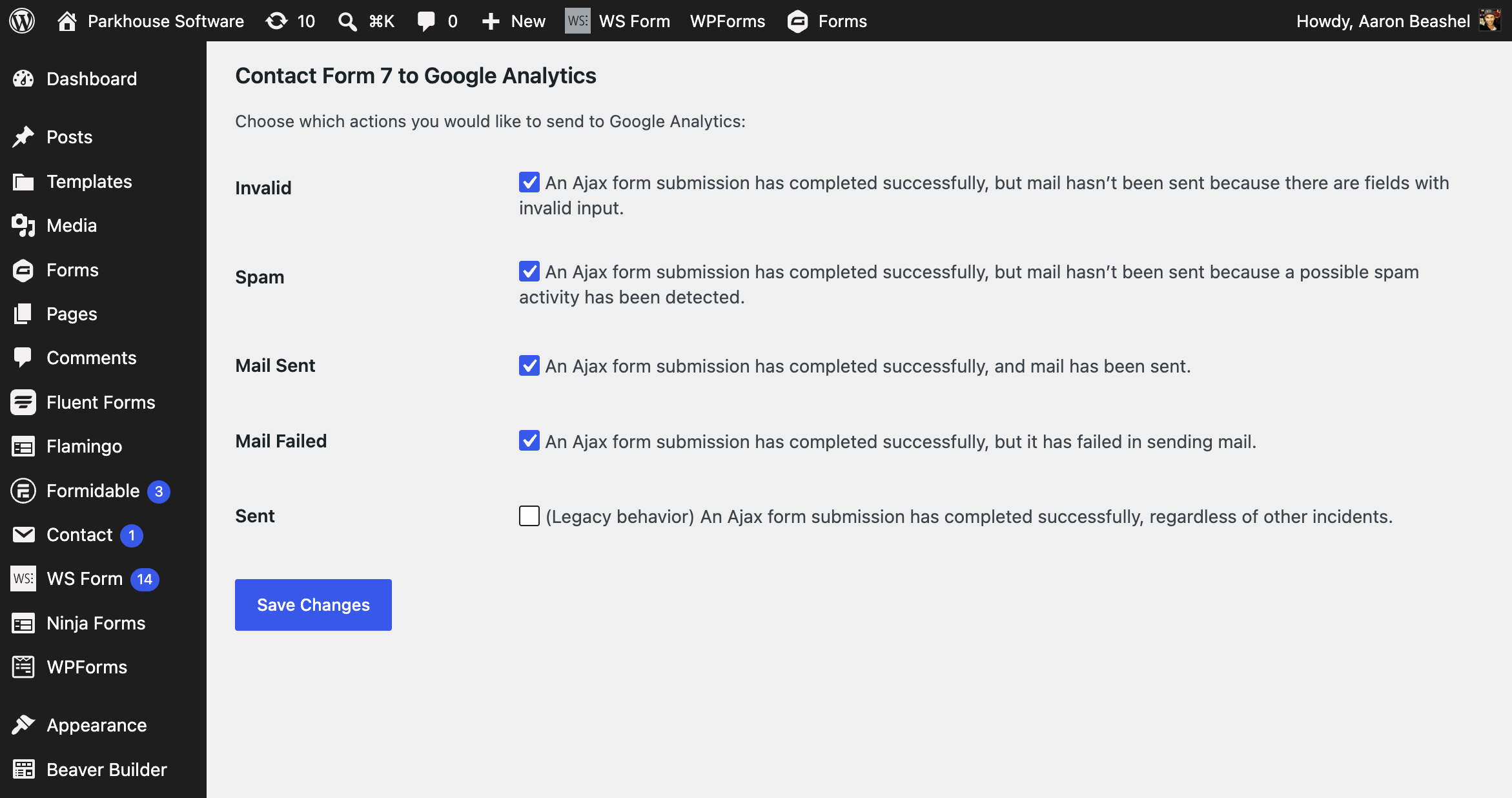 The Contact Form 7 Google Analytics plugin options screen in WordPress