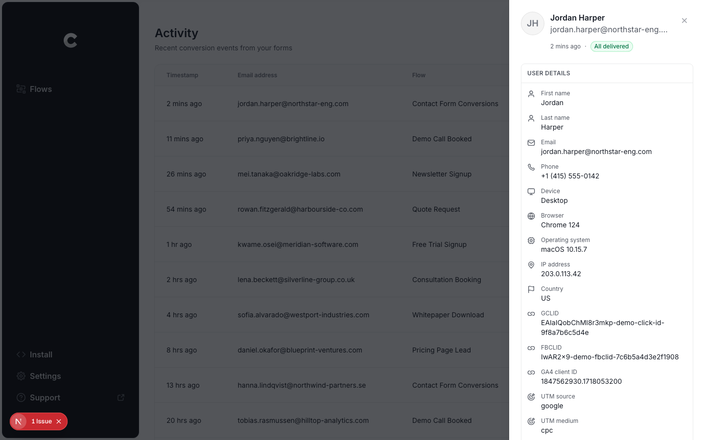 Converly's conversion record showing the marketing attribution, click IDs, and browser data captured with each Contact Form 7 lead