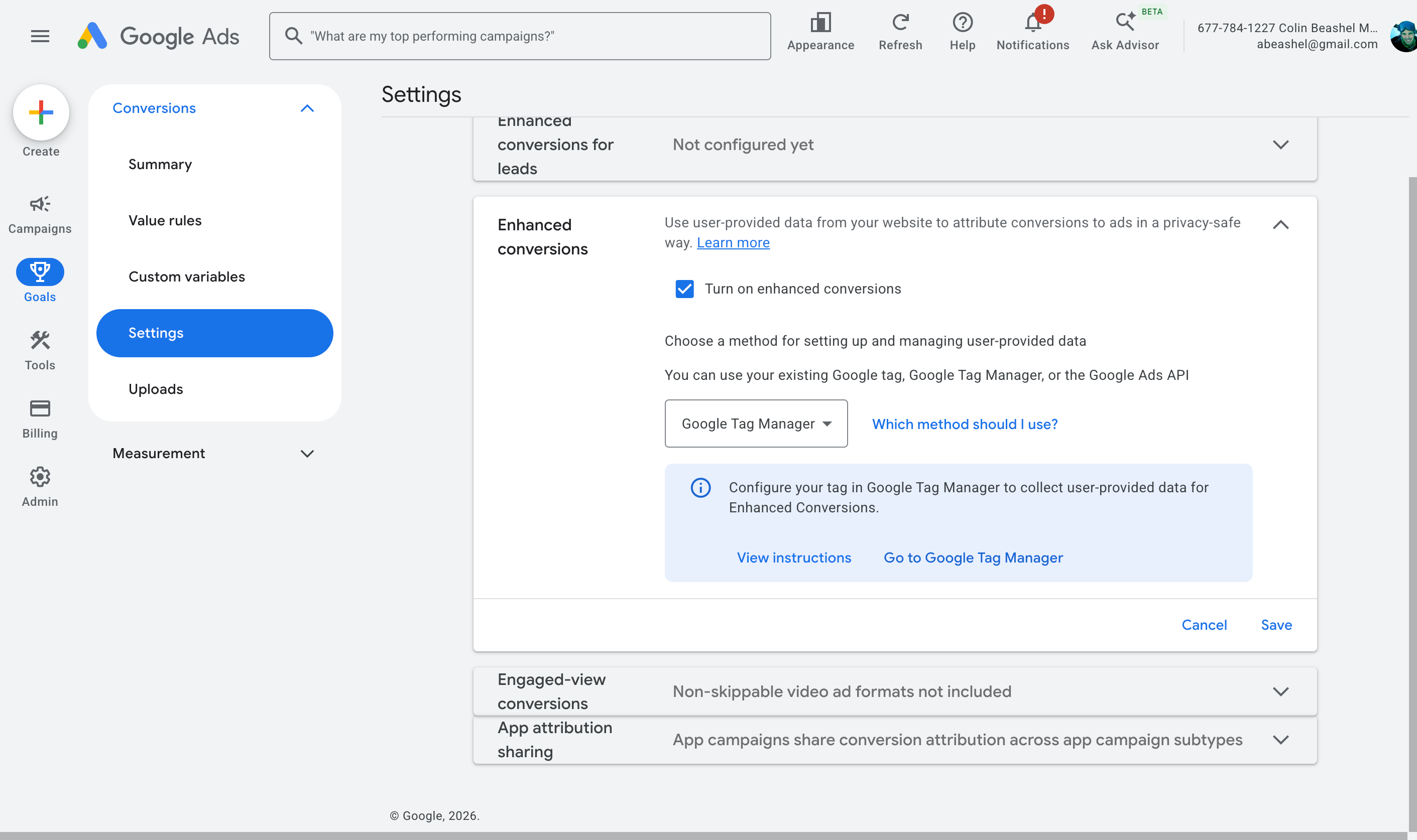 Turn on Enhanced Conversions in your Google Ads settings