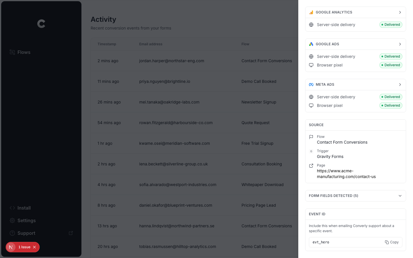 The Converly conversion log showing every Gravity Forms submission and where it was sent