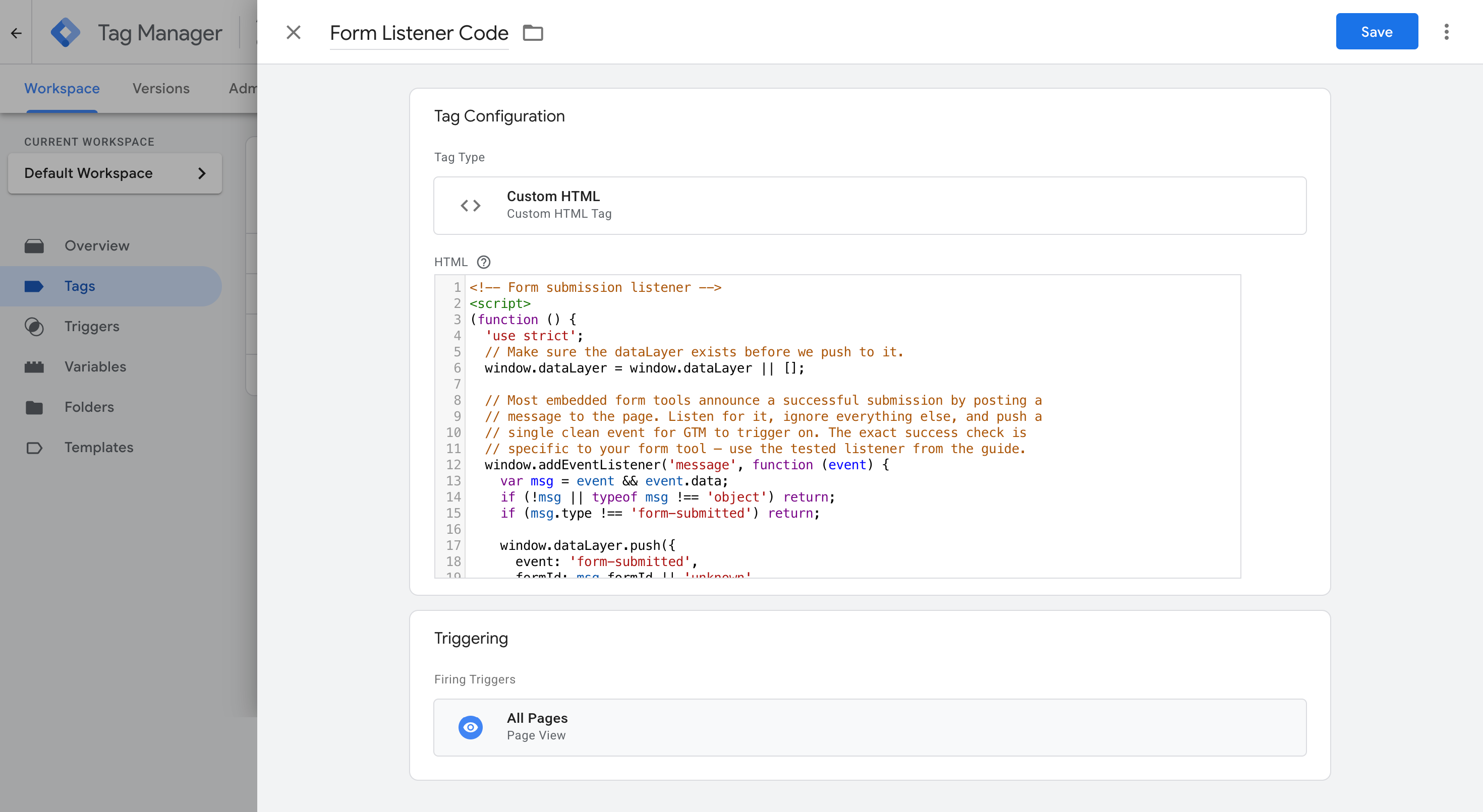 Add the HubSpot listener as a Custom HTML tag in Google Tag Manager
