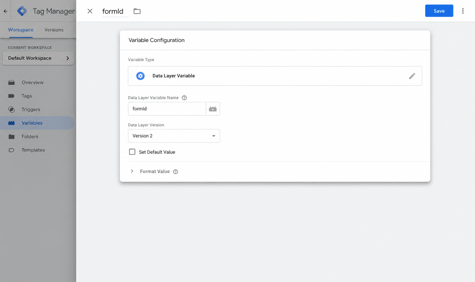 Create a Data Layer Variable named formId