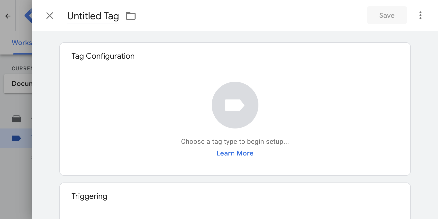 A new tag in Google Tag Manager, with the empty Tag Configuration box