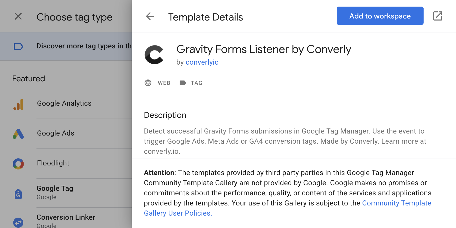 The Gravity Forms Listener by Converly template in the Community Template Gallery, with Add to workspace