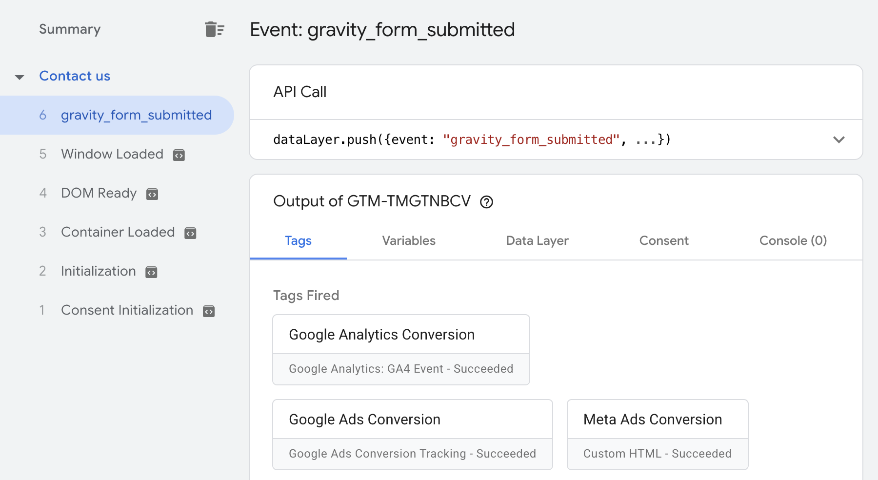 Tag Assistant after a test submission, showing the event and Tags Fired