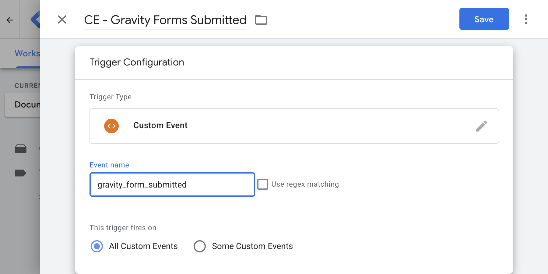 The CE - Gravity Forms Submitted trigger set to Custom Event, ready to save