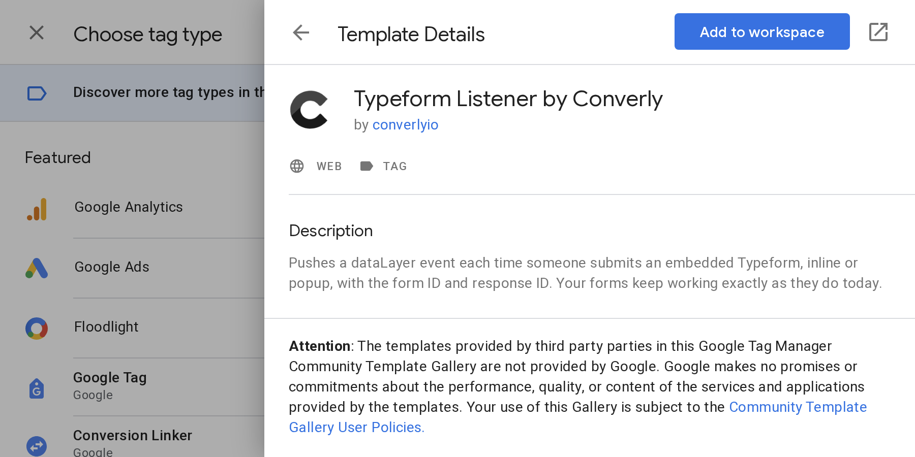 The Typeform Listener listing from Converly in the gallery, showing Add to workspace