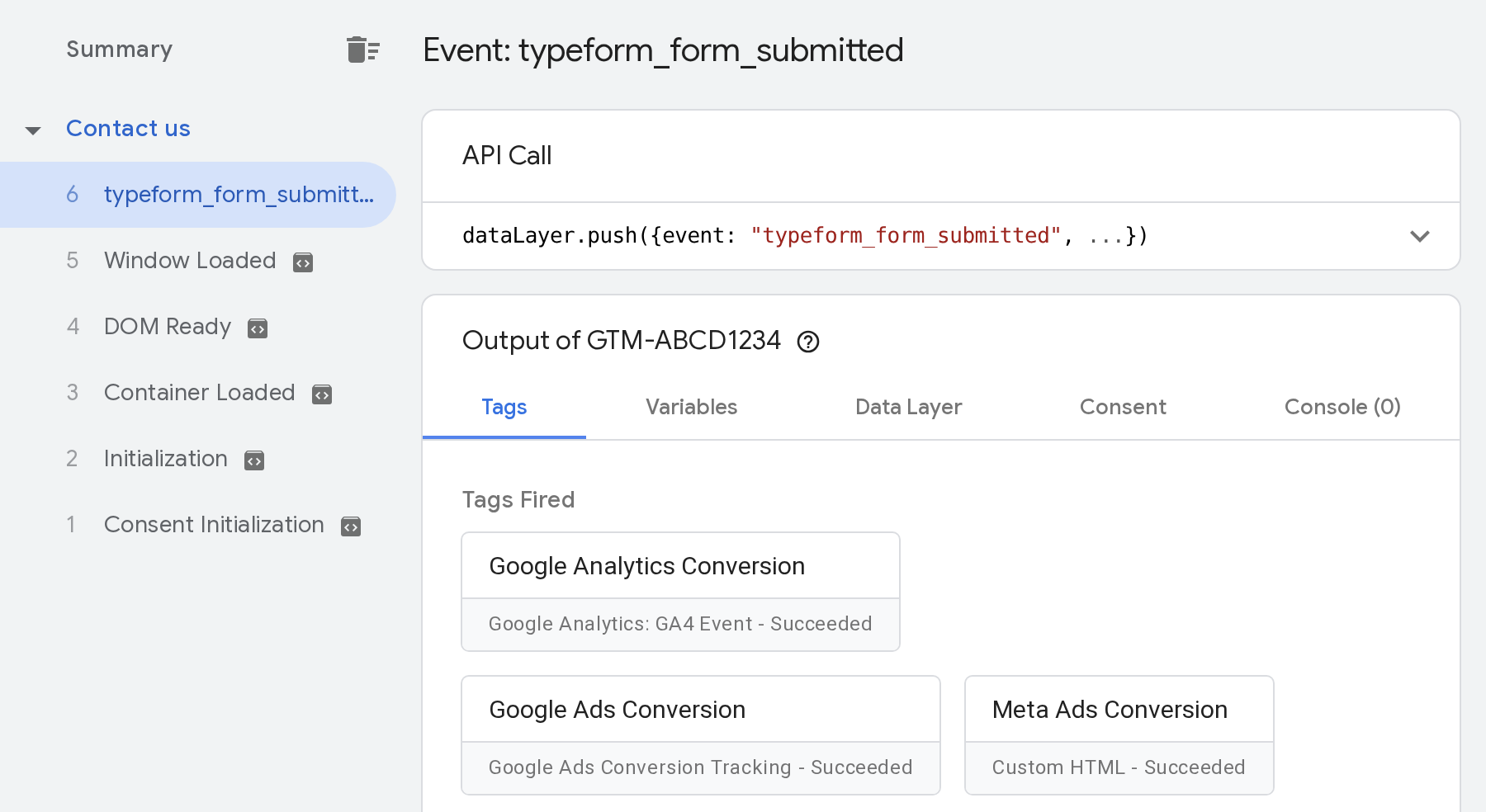 Tag Assistant after a test response, with the event selected and its fired tags listed