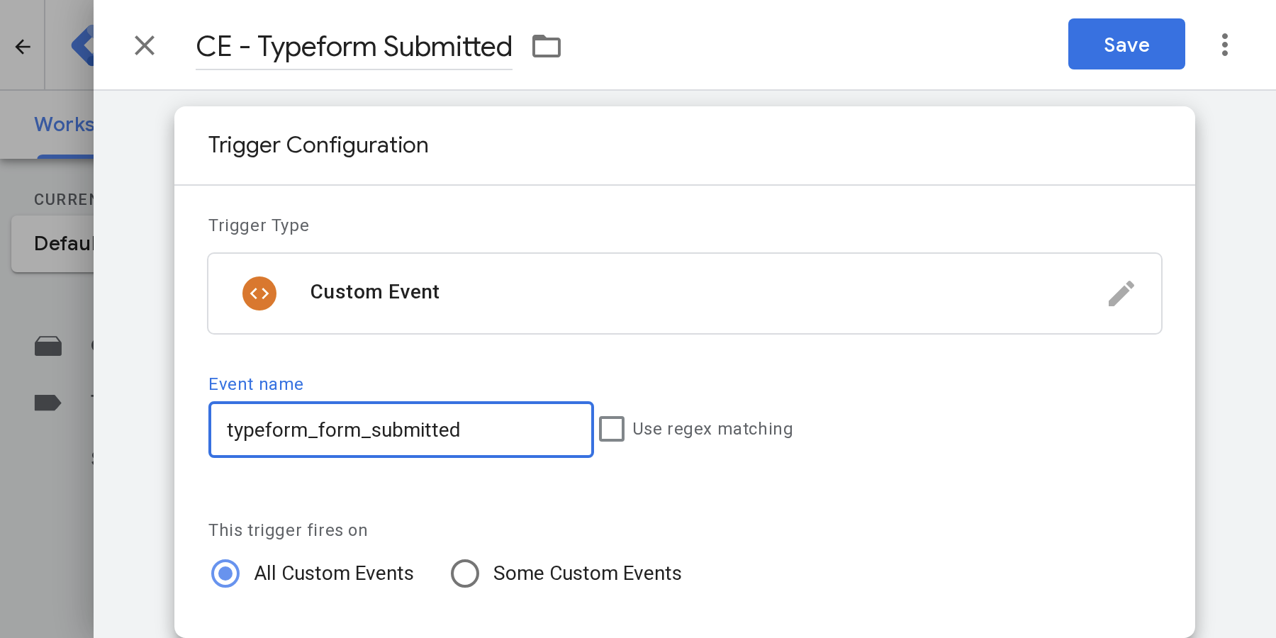 The CE - Typeform Submitted Custom Event trigger, filled in and ready to save