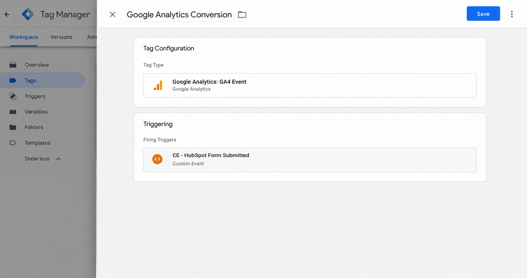 Google Tag Manager GA4 event tag set to fire on the recipe's HubSpot trigger